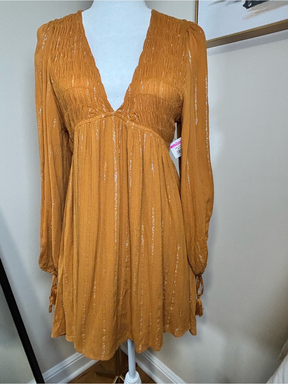 Minkpink Mustard Gold Metallic Stripe Smocked V-Neck Long Sleeve Mini Dress L